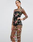 Asos Lace Floral Mesh Bodycon Dress With Bodysuit - Black