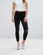 New Look Angled Hem Ripped Skinny Jeans - Black