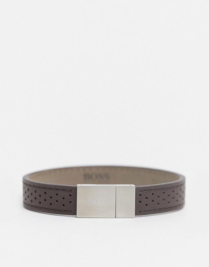 Boss Brown Leather Bracelet With Silver Clasp