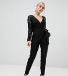 Little Mistress Petite Wrap Front Jumpsuit With Sequin Sleeves And Exposed Back - Black
