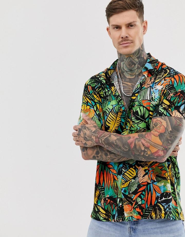 Bershka Short Sleeve Shirt With Multi Leaf Print - Multi