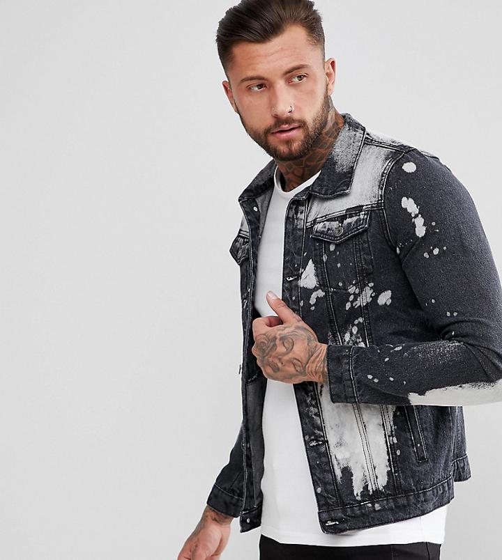 Liquor N Poker Denim Jacket In Black Acid Wash - Black