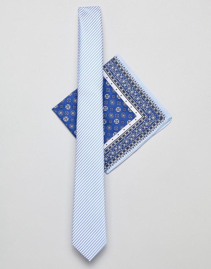 Asos Design Slim Tie In Blue Stripe With Paisley Pocket Square - Blue