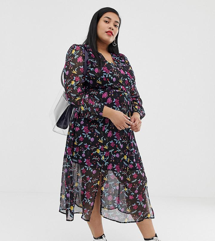 Glamorous Curve Wrap Midi Dress In Romantic Floral Print-black