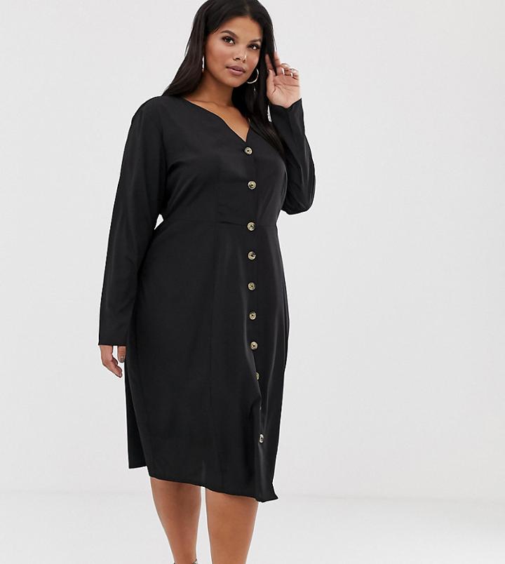 Boohoo Plus Exclusive Button Through Midi Dress In Black - Black