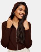 Topshop Knitted Hoodie In Chocolate Brown