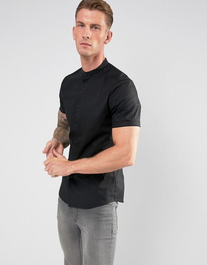 Asos Skinny Shirt In Black With Grandad Collar In Short Sleeve - Black