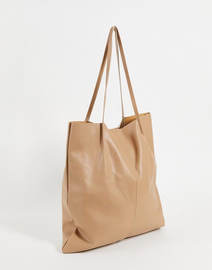 Asos Design Clean Tote Bag In Stone Faux Leather-neutral