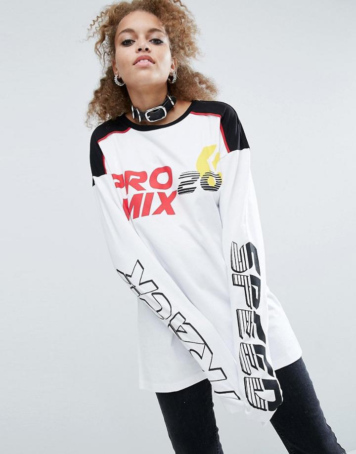 Asos T-shirt With Track Race Print And Super Long Sleeves - White