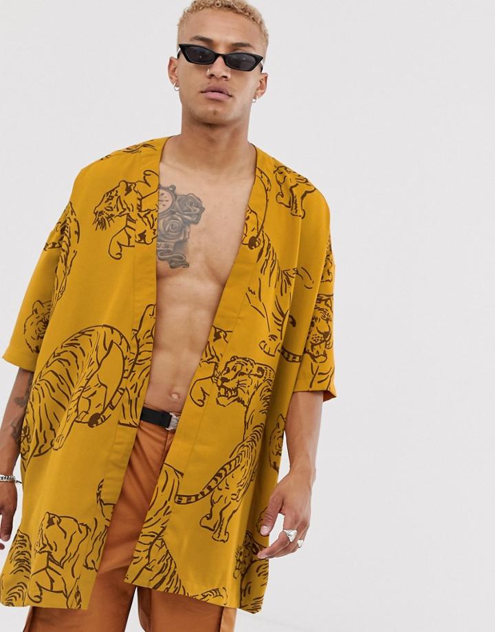 Asos Design Tiger Print Kimono - Beige