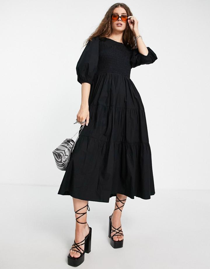 Topshop Shirred Puff Sleeve Midi Dress In Black