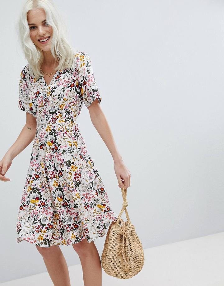 Trollied Dolly Floral Print Tea Dress - Cream