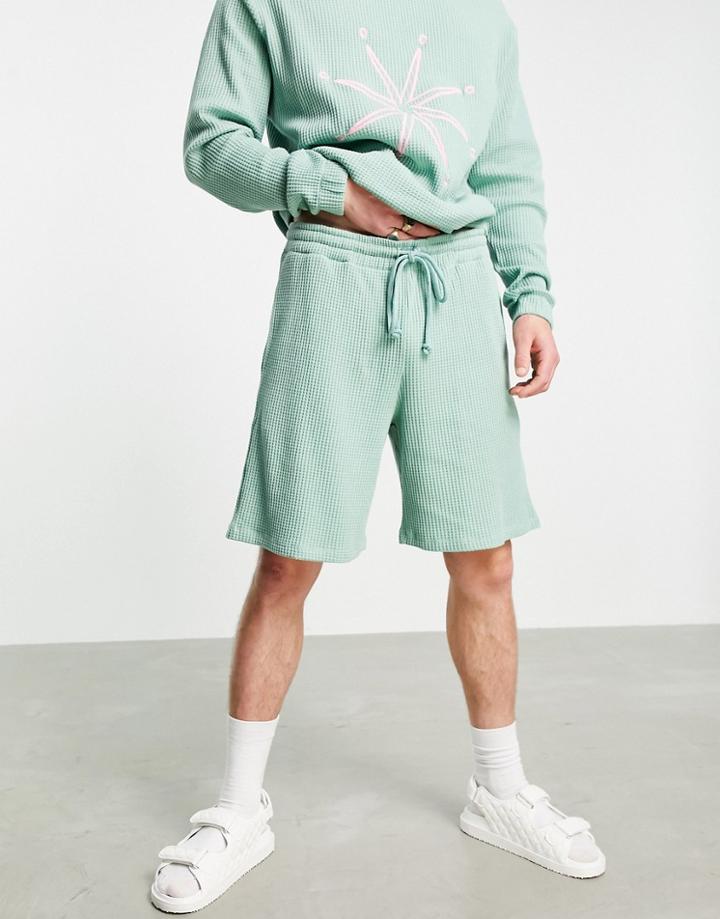 Asos Design Set Oversized Heavyweight Waffle Shorts-green