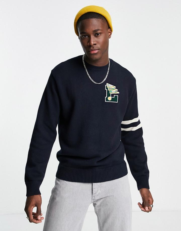 Lacoste Varsity Logo Crew Neck Knit Sweater In Navy