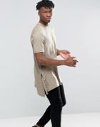Asos Super Longline T-shirt In Trapeze Shape With Tie Sides And Splits In Beige - Beige