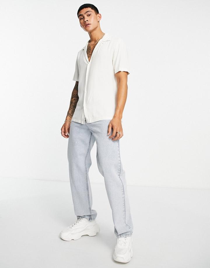 Topman Deep V Viscose Textured Shirt In Ecru-neutral
