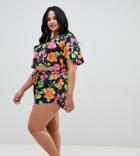 Asos Design Curve Neon Tropical Print Jersey Beach Shorts Two-piece - Multi