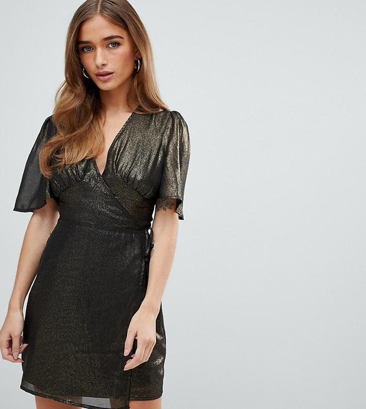 Fashion Union Petite Wrap Dress With Flutter Sleeves In Metallic - Gold