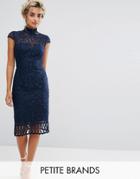 Chi Chi London Petite Cap Sleeve Lace Pencil Dress In Cutwork Lace And High Neck - Navy