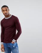 Asos Muscle Fit Long Sleeve T-shirt With Contrast Tipping In Pique In Red - Red