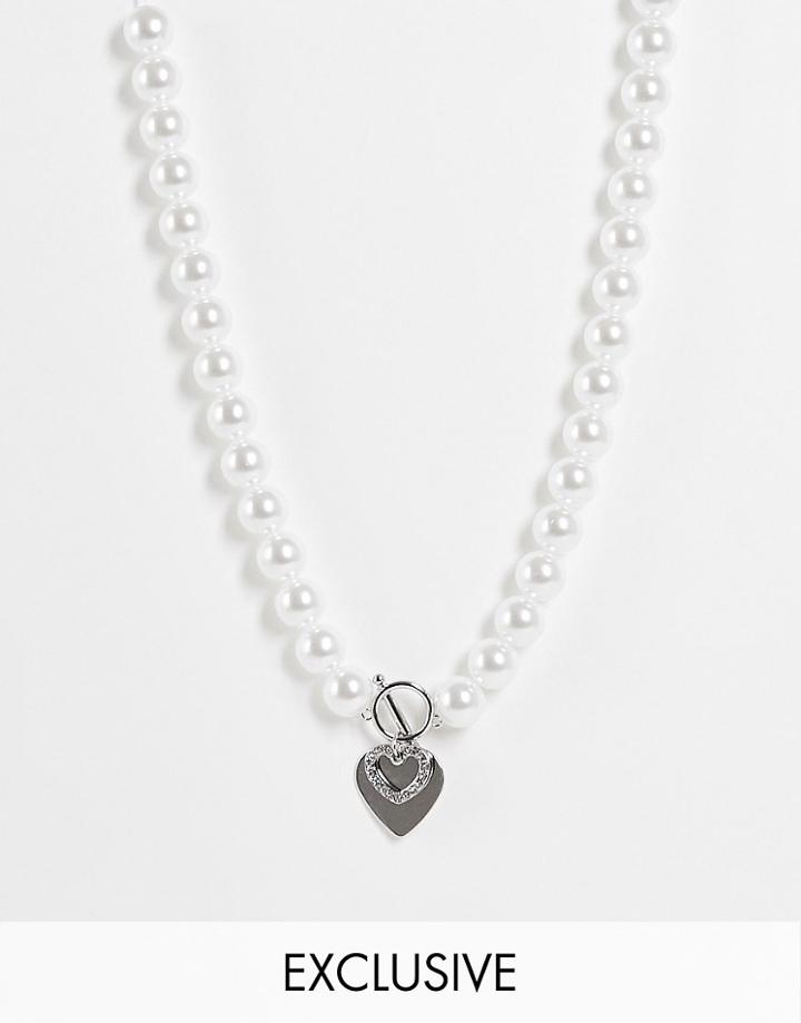 Reclaimed Vintage Inspired Unisex Ultimate Y2k Necklace With Faux Pearls And Heart In Silver
