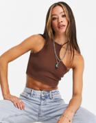 Bershka Seamless 90s Asymetric Crop Top In Chocolate-brown