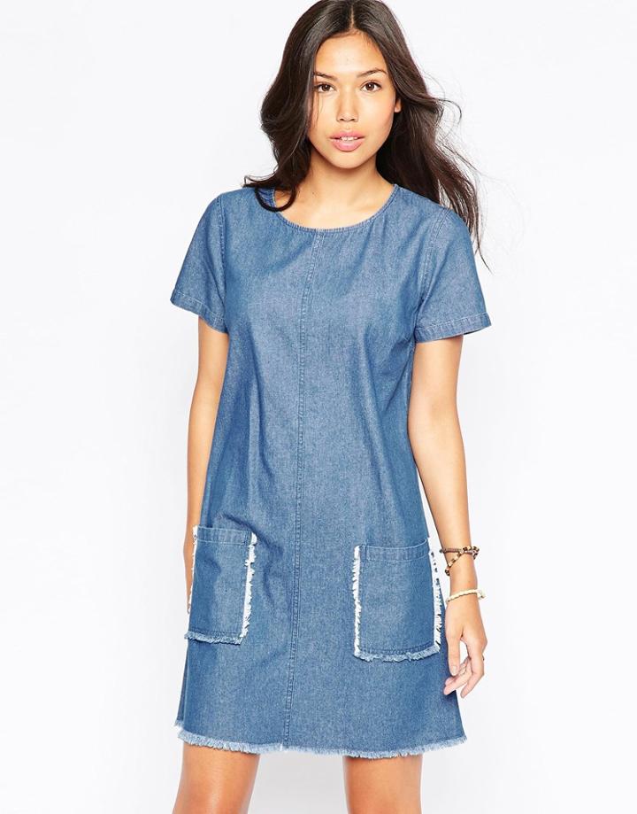 Influence Raw Edge Detail Shift Dress - Light Denim