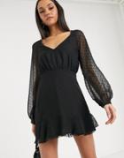 Missguided Dobby Long Sleeve Skater Dress In Black