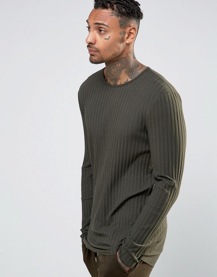 Asos Rib Longline Muscle Long Sleeve T-shirt In Khaki - Green