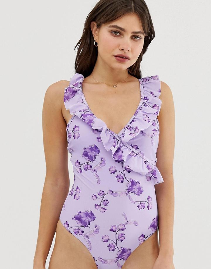 Y.a.s Sweetpea Floral Print Ruffle Swimsuit - Purple