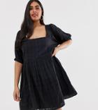 Asos Design Curve Chuck On Square Neck Mini Smock Dress In Texture - Black