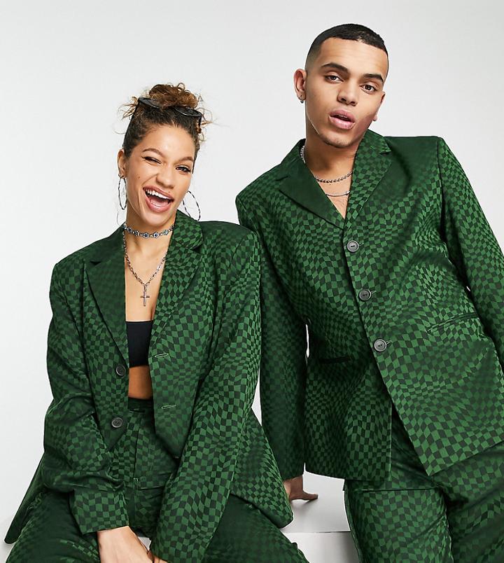 Collusion Unisex Oversized Blazer In Warped Checkerboard Print-green