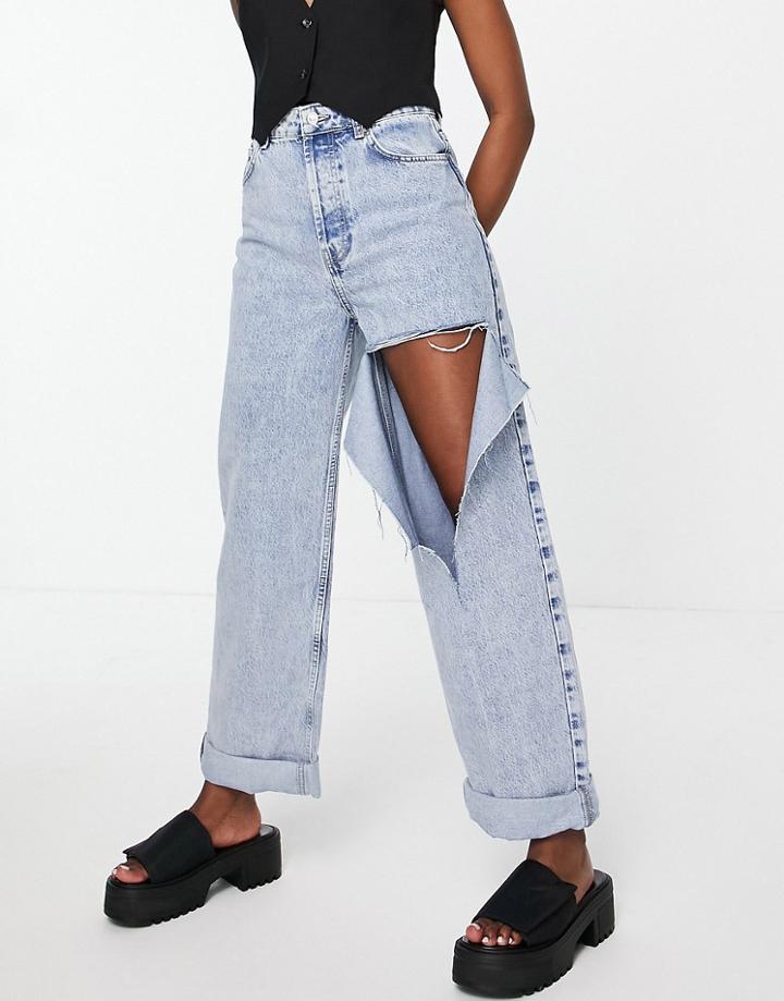 Topshop Oversized Mom Jeans With Rip In Bleach-blue
