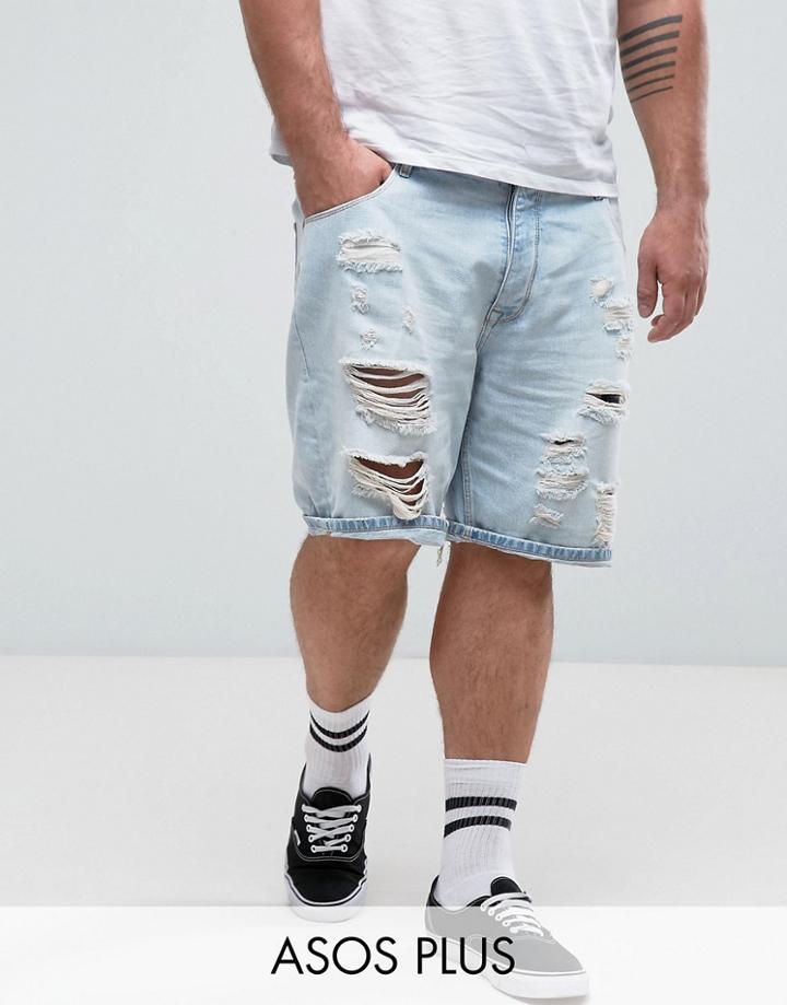 Asos Plus Slim Denim Shorts In Light Bleach Wash Blue With Rips - Blue