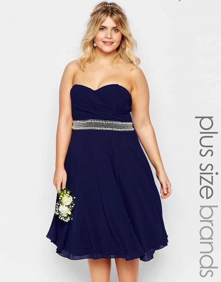 Tfnc Plus Chiffon Midi Prom Dress With Full Skirt And Embellished Waist - Navy