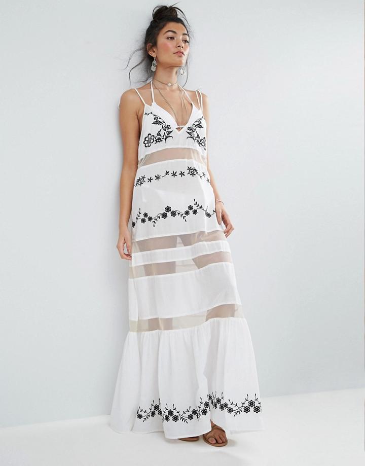 Asos Beach Mesh Embroidered Panel Maxi Dress With Peplum Hem - Multi