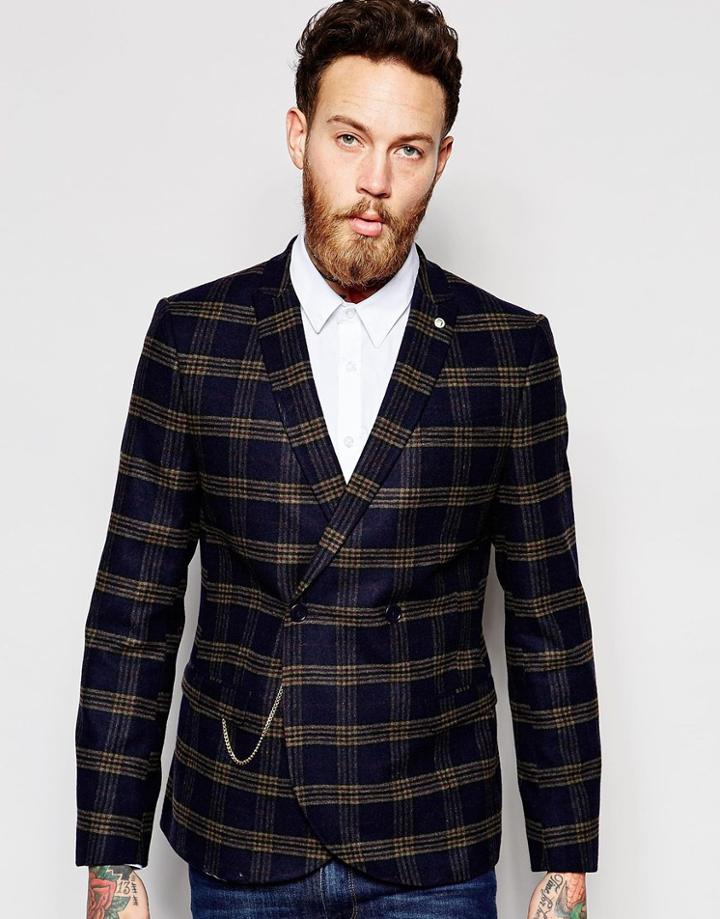 Noose & Monkey Plaid Double Breasted Blazer With Stretch And Gold Chain In Skinny Fit - Navy