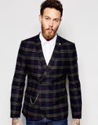 Noose & Monkey Plaid Double Breasted Blazer With Stretch And Gold Chain In Skinny Fit - Navy
