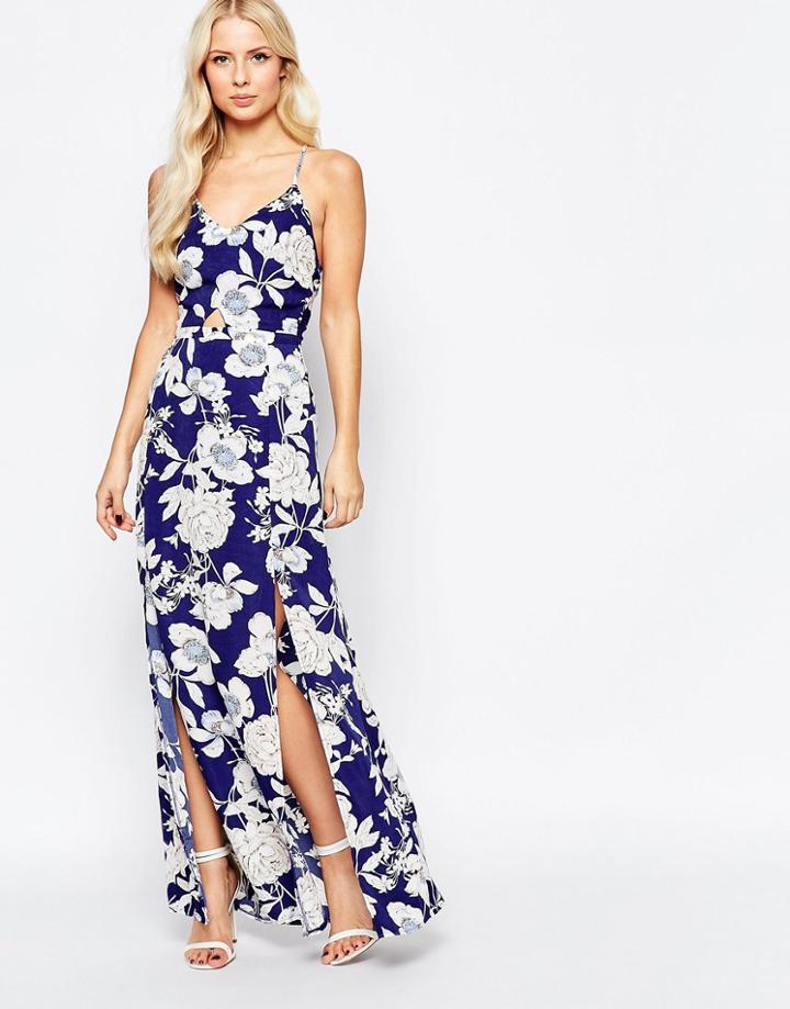 Parisian Floral Maxi Dress With Front Cut Out - Blue