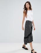 Liquorish Asymmetric Stripe Midi Skirt - Black