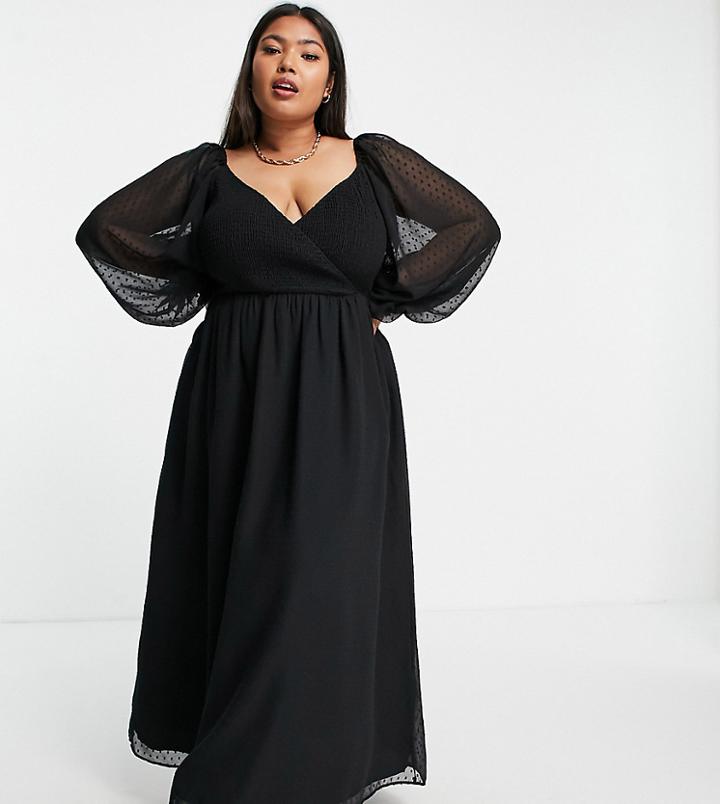 Asos Design Curve Textured Shirred Wrap Maxi Dress In Black