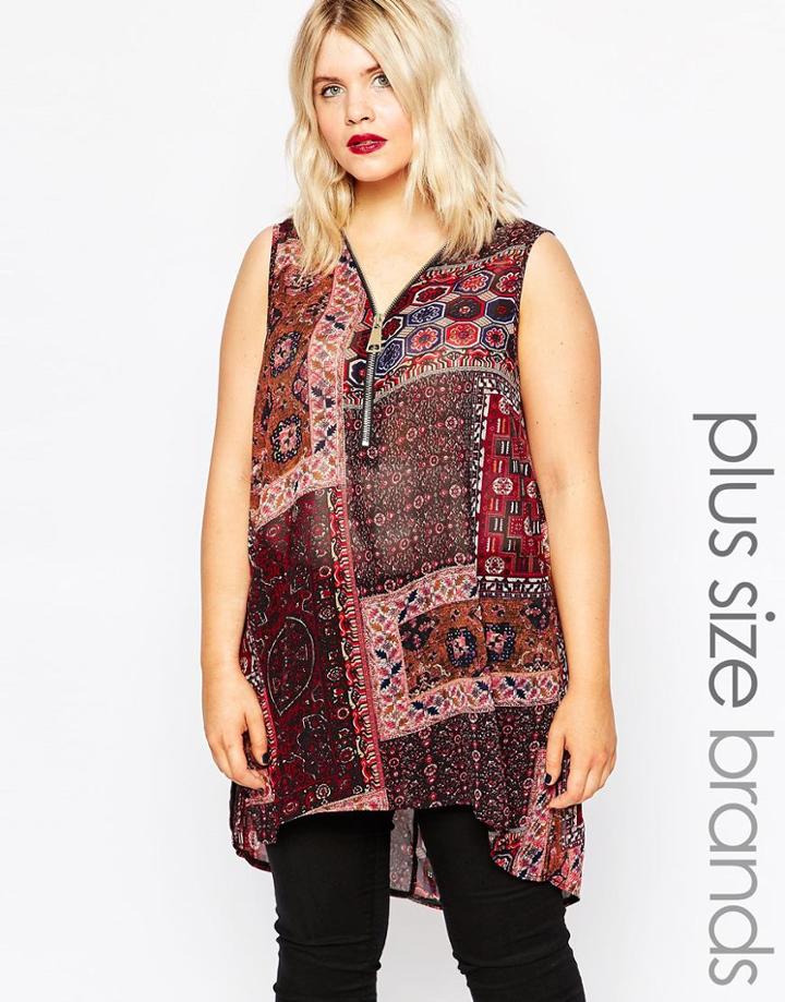 Ax Paris Plus Top In Scarf Print With Zip Front - Multi