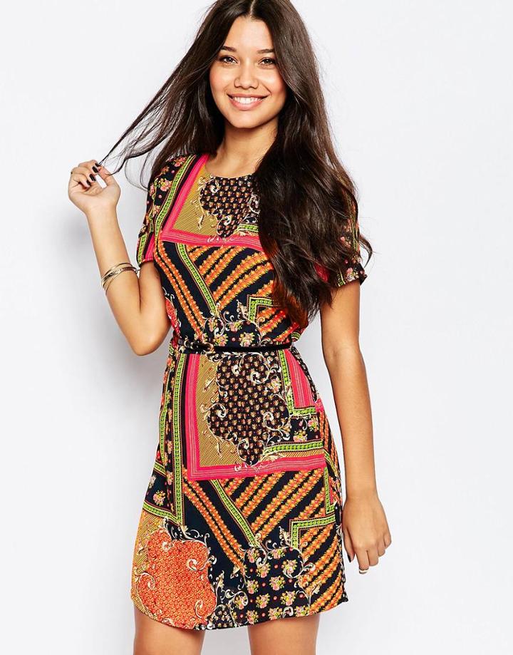 Style London Tea Dress In Mixed Scarf Print - Black