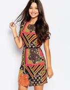 Style London Tea Dress In Mixed Scarf Print - Black