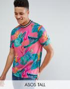 Asos Tall Relaxed T-shirt With All Over Floral Print And Tipped Neck Trim - Pink
