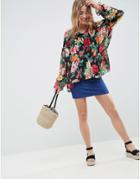 Asos Design Tiered Smock Blouse In Floral Print - Multi