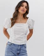 Asos Design Square Neck Top With Shirring In Linen-white