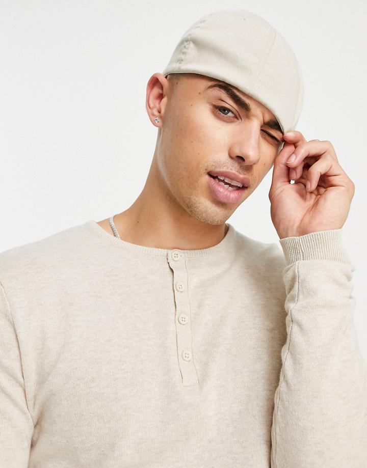 Asos Design Knit Cotton Grandad Polo In Oatmeal Heather-neutral