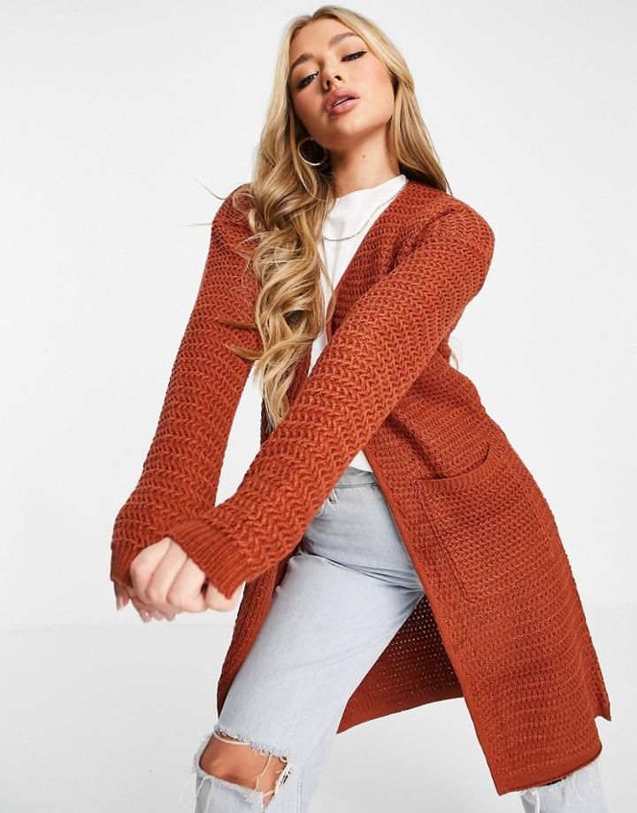 Qed London Longline Cardigan In Rust-orange