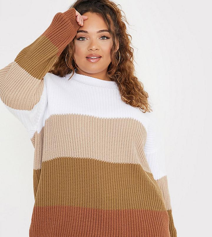 In The Style Plus X Billie Faiers Knitted Contrast Stripe Sweater In Brown Multi
